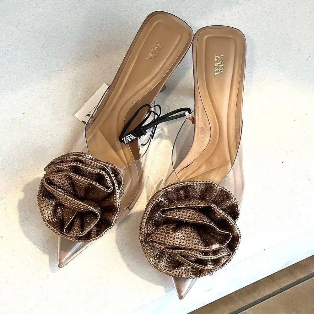 ZARA Floral Rosette Mule Heels NWT Pointed Toe Nude Vinyl Pumps Size 7.5 - Picture 10 of 16